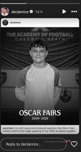 Declan Rice pays tribute to West Ham Academy goalkeeper Oscar Fair