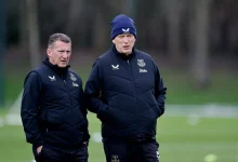 Manager David Moyes (right) alongside assistant manager Billy McKinlay during the Everton training session at Finch Farm on January 13, 2025 (Image: Tony McArdle/Everton FC Official Photography Library/SmartFrame)